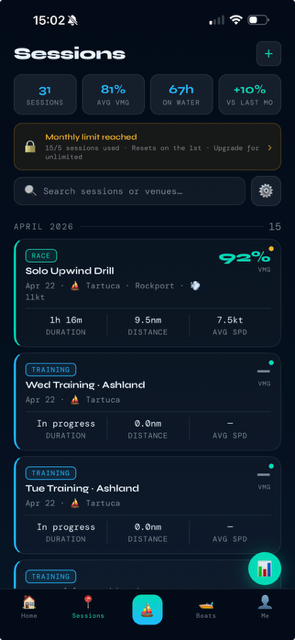 Tack+IQ session history screen