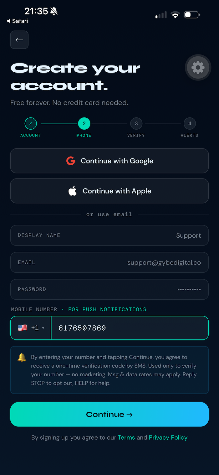 Tacktiq sign-up phone verification screen showing the SMS consent disclosure